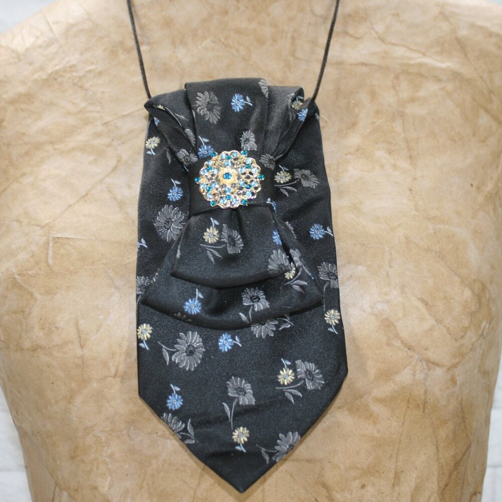 UPCYCLED Neck Tie Necklace Brooch Necktie Holiday Gift Accessory Black Floral